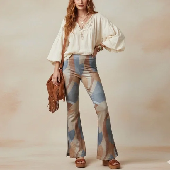 Show Me Your MuMu Maren Blue and Brown Flare Pants - Picture 5 of 5